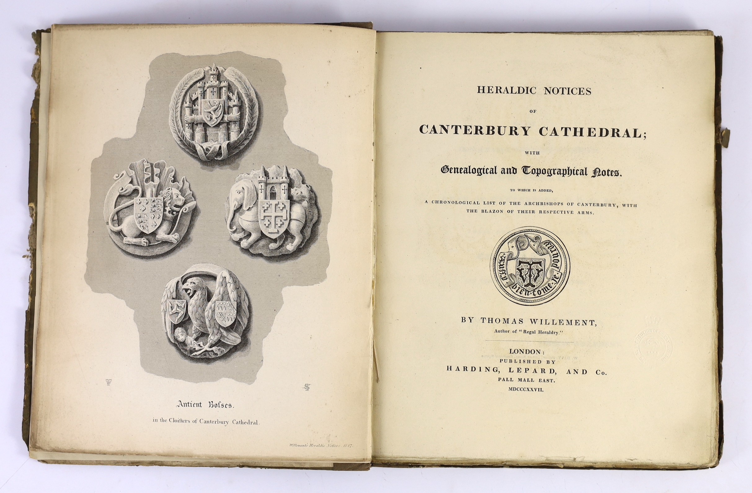 CANTERBURY: Willement, Thomas - Heraldic Notes of Canterbury Cathedral, with genealogical and topographical notes .... frontis and engraved text illus., old paper boards, spine replaced and new label, uncut, 4to. 1827